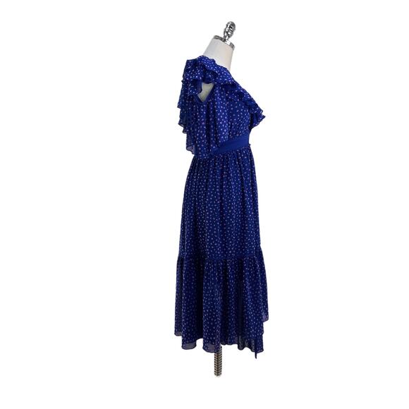 Three Floor Polka Dot Ada Dress Blue Ruffles V Neck Midi - Picture 8 of 12